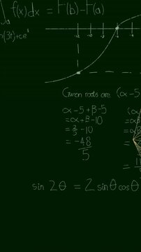 In school, animation of mathematical equations and graphs on green chalkboard
