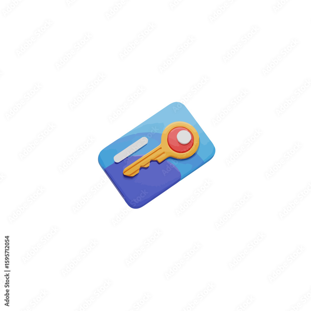 Fototapete stylized 3d rendering of a key card with a golden key on a blue and white background.