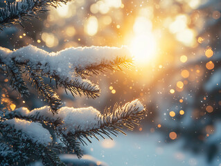 Christmas background, snowy pine forest at golden hour, soft sunlight filtering through trees, fresh white snow on branches, peaceful winter scenery