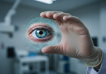 A gloved hand holds a vibrant blue eye with a digital brain overlay, exploring vision and technology.