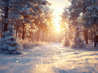 Christmas background, snowy pine forest at golden hour, soft sunlight filtering through trees, fresh white snow on branches, peaceful winter scenery