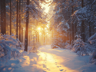 Christmas background, snowy pine forest at golden hour, soft sunlight filtering through trees, fresh white snow on branches, peaceful winter scenery