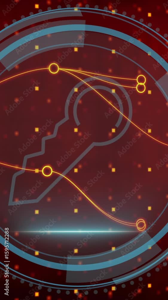 Poster digital key and circuit lines over pixelated red and yellow background animation