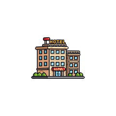 Pixel art illustration of a hotel building with a sign on top, surrounded by greenery.