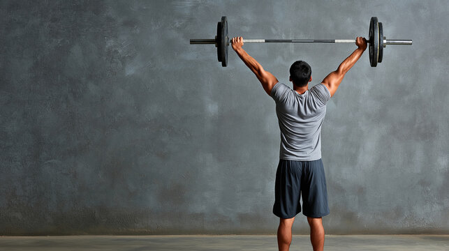 Man lifting barbell in gym for strength training during daytime