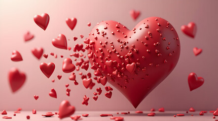 Red Heart Exploding with Smaller Hearts on Pink Background