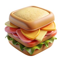 Colorful cartoon sandwich with cheese ham and lettuce isolated on white background