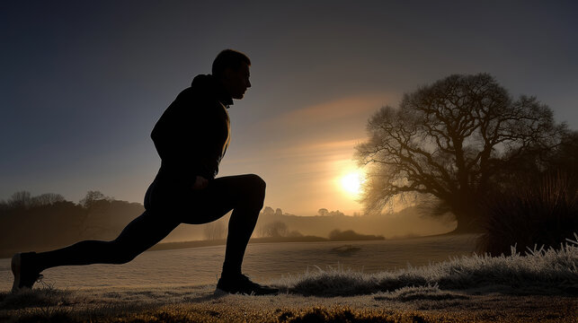 Person lunging in a frosty field at sunrise during morning exercise