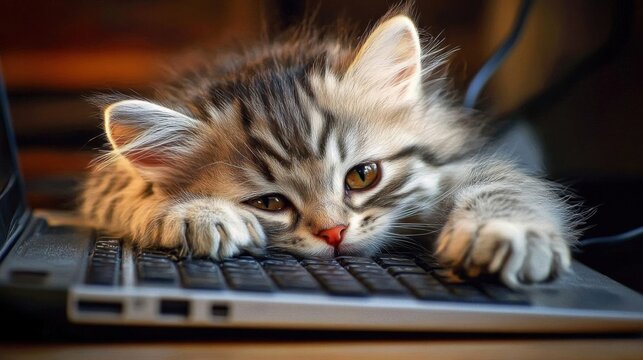 kitten Sleeps on Keyboard, a Portrait of Tired Feline and Gray Fur