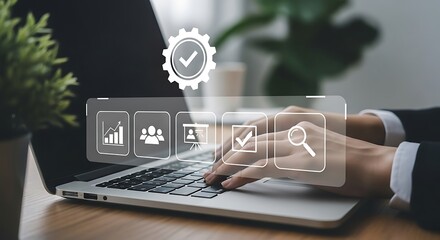 Businessperson engaging with digital task management icons on a laptop, Streamlined workflows and efficient task processing depicted through digital interface