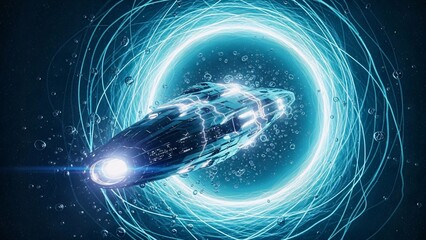 Futuristic spaceship navigating through a vibrant wormhole, traveling faster across space and time, enveloped by swirling energy and glowing bubbles, embodies advanced technology and exploration