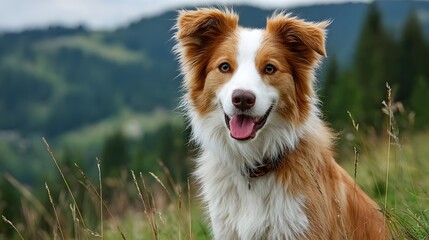 A happy brown and white border collie smiles contentedly in a grassy field with mountains in the background.
