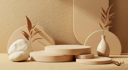 Beige product display featuring a circular platform, vase with dried leaves, and smooth stones against a textured backdrop.