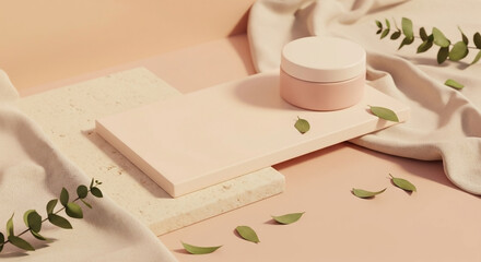 Elegant skincare product display with textured surfaces and eucalyptus leaves.