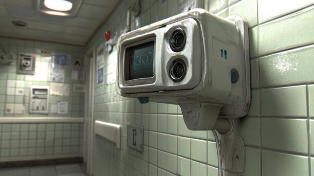 Monitor Shows Vital Signs in a Tiled Hallway with Retro Design