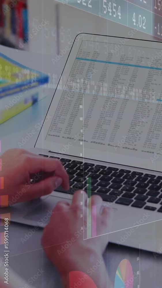 Poster working on laptop, person analyzing financial data charts with animation overlay