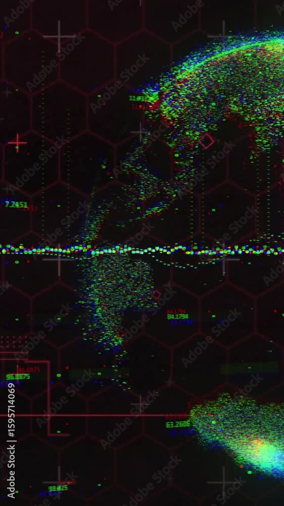 Poster Animation of digital globe with data points and graphs on dark hexagonal background