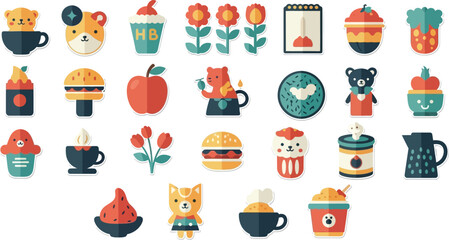 Flat design icons depicting various everyday objects, animals, and food items in a colorful, cartoonish style.