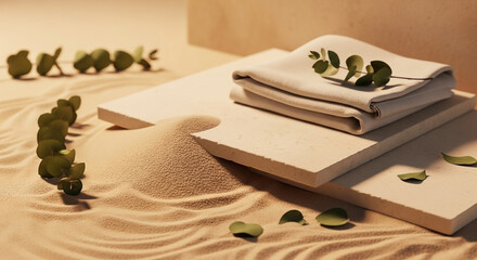 Calm beige linens rest on sand, adorned with eucalyptus sprigs, creating a serene minimalist scene.