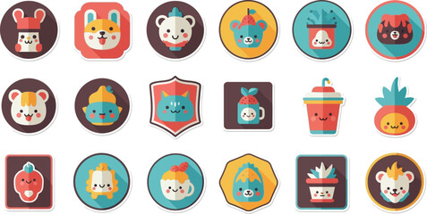 Flat design icons featuring various cute animal and food-themed characters, in vibrant colors and simple shapes.