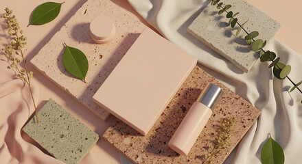 Cosmetic products and natural elements artfully arranged on textured surfaces, creating a minimalist aesthetic.