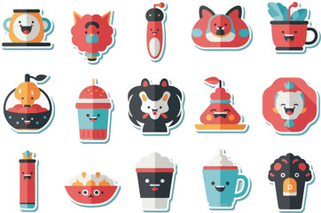 Cheerful cartoon stickers featuring food, animals, and objects with happy faces.