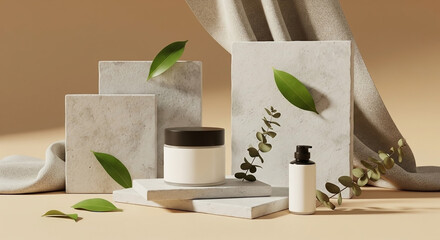 Cosmetic products displayed on stone blocks with green leaves and draped fabric, showcasing a natural, minimalist aesthetic.
