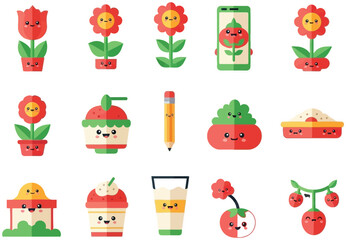 Cute cartoon flowers, food, and stationery items with happy faces.