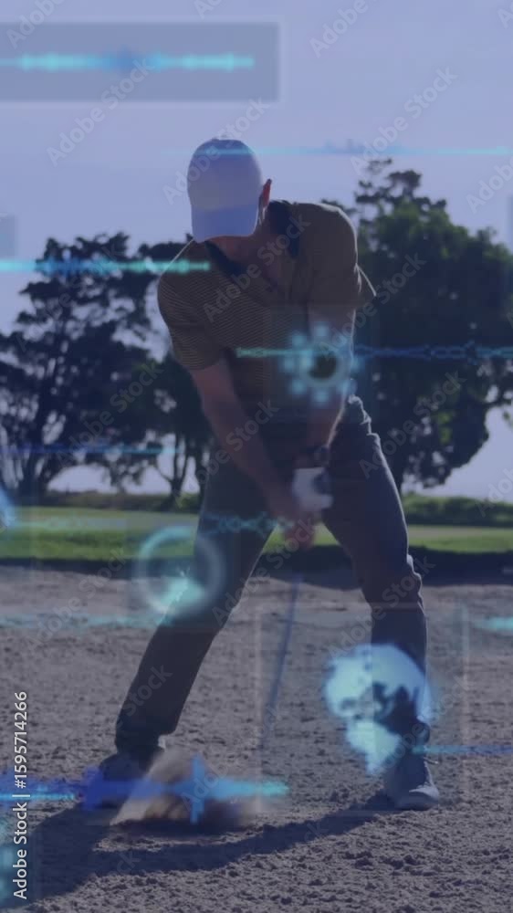 Poster golfer swinging club with digital data and technology animation overlay