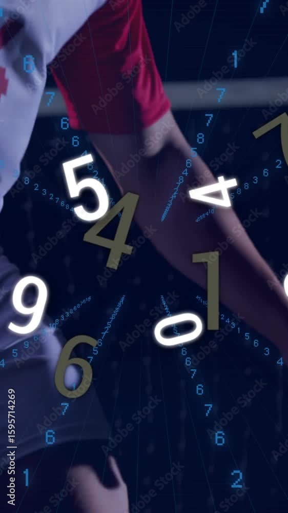 Poster animation of soccer player in action with numbers overlaying scene