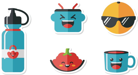 Collection of colorful, cheerful sticker illustrations featuring various objects and faces.
