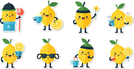 Collection of cheerful lemon characters in various poses, holding objects, and wearing accessories.