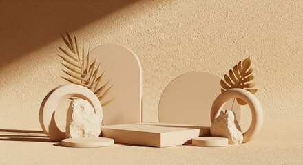 Beige platform with arches, circles, rocks, and golden leaves, illuminated by sunlight creating shadows, for product presentation.