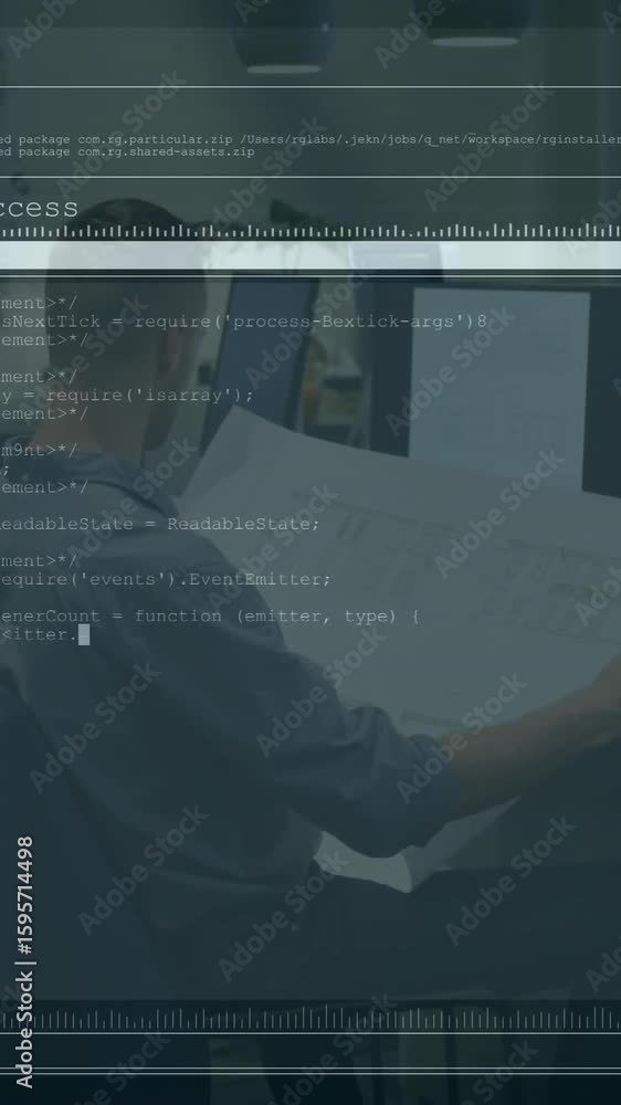 Poster person at desk analyzing architectural plans with data processing overlay animation
