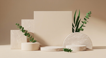 A minimalist composition featuring geometric shapes and fresh greenery, creating a serene, elegant display.