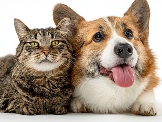 A tabby cat with green eyes sits close beside a smiling corgi dog with its tongue sticking out on white background.