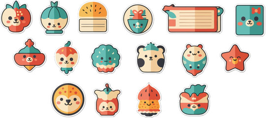 Obraz premium Cute cartoon icons of various food items, animals, and objects.