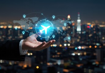 A hand presents a glowing airplane, illustrating global travel connections over a city at night.