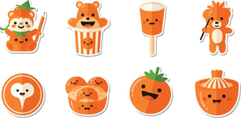Cute orange cartoon food and animal stickers.