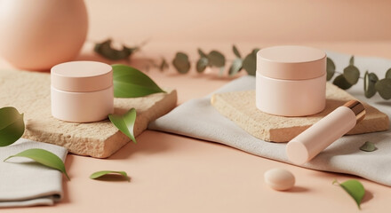Two cream jars and a tube are displayed on stone platforms with leaves and fabric against a peach background.
