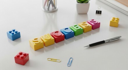 Naklejka premium Vibrant building blocks spelling SUCCESS on a bright white business desk setup