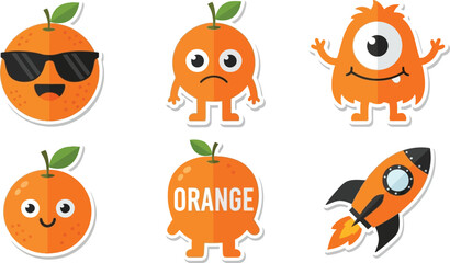 Obraz premium Cute cartoon fruit, monster, and rocket stickers; playful designs in orange.
