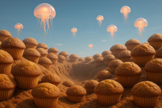 Surreal Landscapes of  Muffin Crater Valley With Jellyfish Balloons Floating Overhead