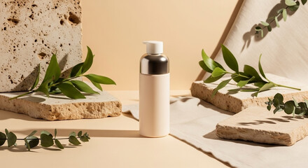 A cosmetic product bottle is displayed amongst natural stone and foliage.