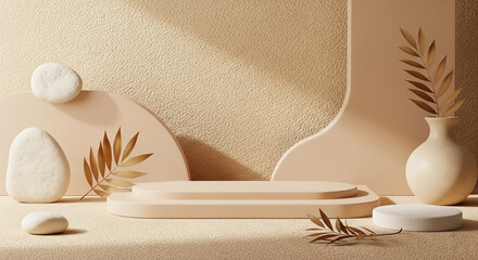 Minimalist product display with a beige platform, stones, vase, and dried leaves, bathed in soft sunlight.