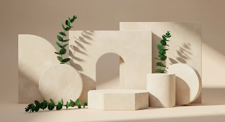Minimalist beige geometric shapes and eucalyptus sprigs bathed in sunlight.