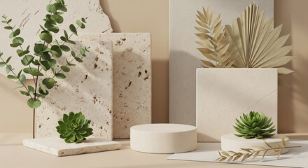 Elegant minimalist still life featuring beige stone podiums, succulents, and eucalyptus and palm branches, bathed in soft sunlight.