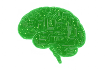 Luminescent neural circuit network glowing green, symbolizing ai innovation and digital intelligence against transparent backdrop