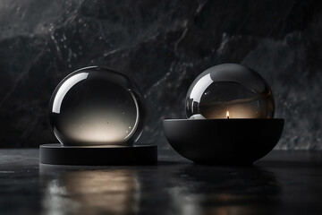 Two glass spheres on dark surfaces, one reflecting a candle's warm glow.