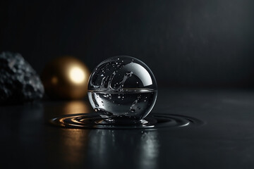 Transparent sphere containing liquid rests on dark surface, creating ripples; blurred gold and dark grey shapes in background.